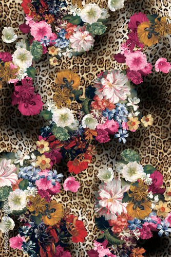 Fototapeta Naklejka Na Ścianę i Meble -  Leopard Pattern. Leopar Print. Leopard Texture. Leopard background. Floral Leopard.Floral print.Animal Skin For Textile Print, Wallpaper.Gometric And Ethnic Animal Texture Art Abstract  Background