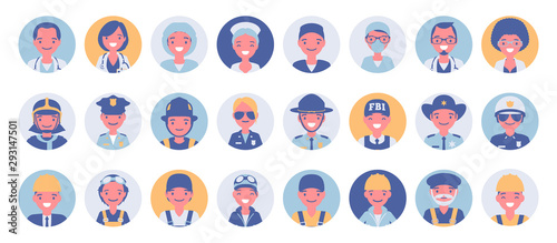 People in different profession avatar big bundle set. Emergency service workers face icons for gaming, online communities, Web forums. Vector flat style cartoon illustration isolated, white background
