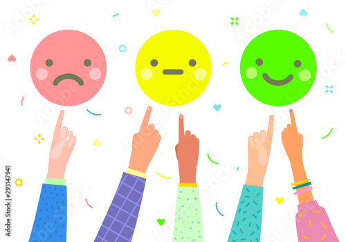 Concept of rate. Hands with index fingers pointing at emojy and giving emoticon rating