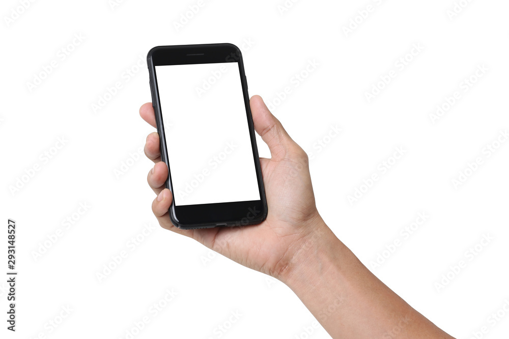 Hand man holding mobile smartphone with blank screen isolated on white background with clipping path