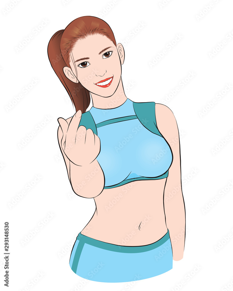 healthy girl show mini heart. strong healthy beautiful woman with action  fit and firm posing healhty diet ideas concept. vector illustration  isolated cartoon hand drawn Stock Vector | Adobe Stock
