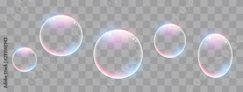 Realistic soap bubbles with rainbow reflection set isolated. 