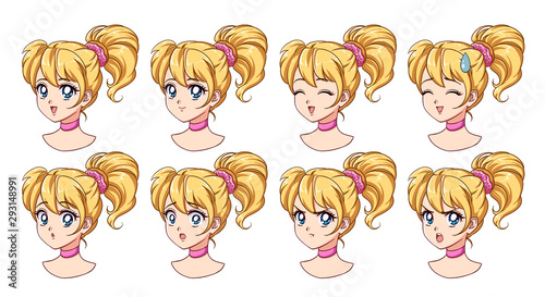 A set of cute anime girl with different expressions. Blonde hair, big blue eyes.