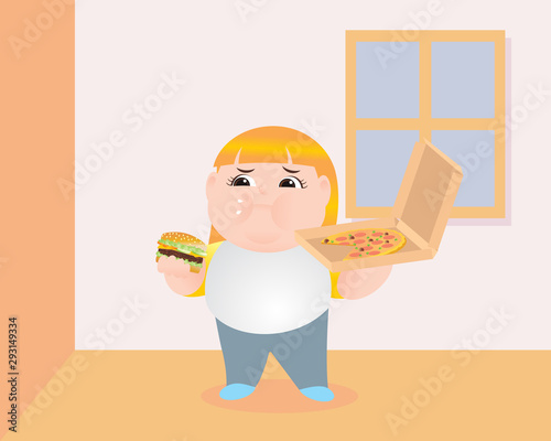 Vector illustration fat woman eating and feel boring pizza and burger. cute cartoon unhealth