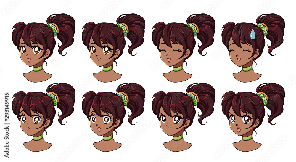 A set of cute anime girl with different expressions. Dark hair, big black  eyes. Ponytail with