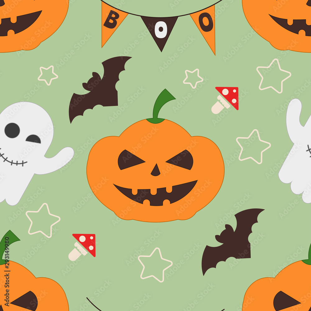 Halloween holiday seamless pattern, october background with halloween symbols - funny pumpkin, ghost, bat, boo. Colorful Vector illustration. Great for wrapping paper.