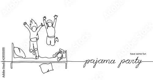 Pajama party, sleepover. Simple vector illustration of jumping kids on the bed. One continuous line drawing sketch.