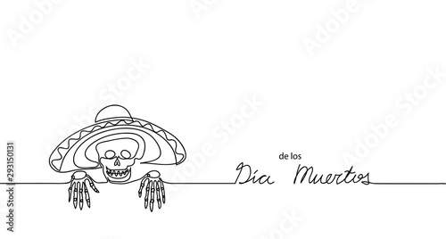 Dia de los muertos (Day of the Dead) vector background, banner. Mexican traditional carnival, holiday banner with skull and sombrero. Dia de los muertos one line drawing.