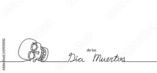 Dia de los muertos (Day of the Dead) vector background, banner. Mexican traditional carnival, holiday background with skull. Dia de los muertos continuous line drawing.