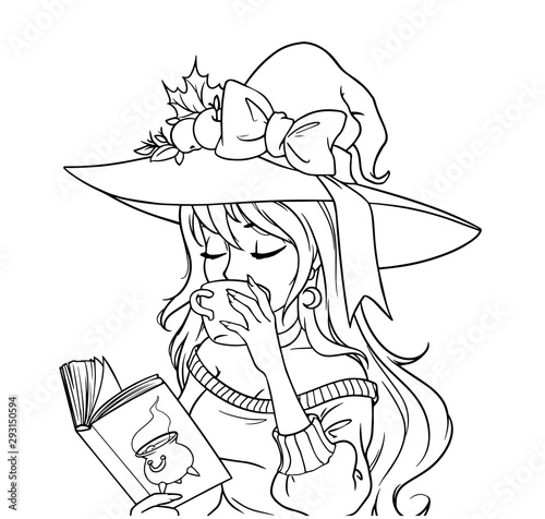 Young witch is drinking coffee and reading   book. Hand drawn contour illustration for coloring book, children games, cards, tattoo, sticker, t shirt etc. Isolated on white background.