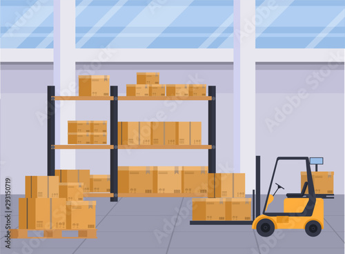 Warehouse interior with boxes on rack.  Logistic background and objects.