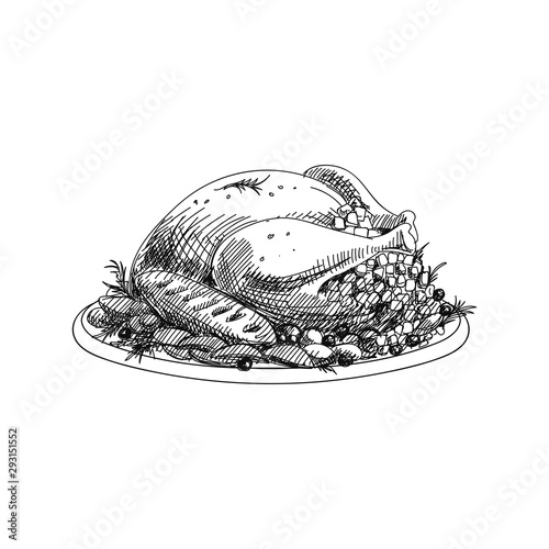 Roasted turkey hand drawn vector illustration