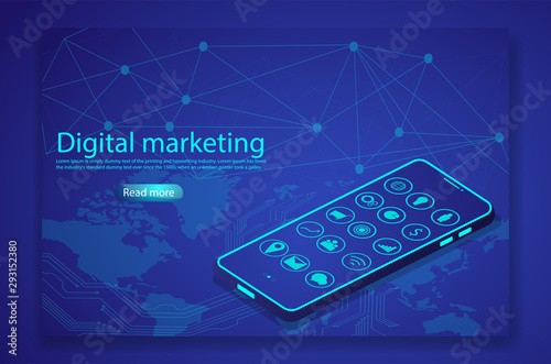Online and digital marketing business and financial landing page concept. Isometric 3d of smart phone with icon isolated on futuristic wold map and infographic line background.