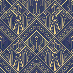 Wandcirkels Blauw goud patronen Art deco geometrische tegels blauw  © lumyaisweet