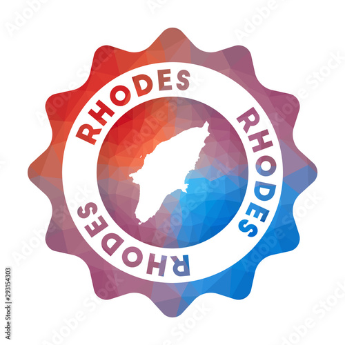 Rhodes low poly logo. Colorful gradient travel logo of the island in geometric style. Multicolored polygonal Rhodes rounded sign with map for your infographics.
