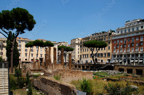 Photo of Archaeological site close to where Julius Caesar was killed. Placed among modern apartment buildings at Largo di Torre Argentina street, Rome, Italy