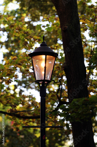 Lit, antique lantern and fall foliage