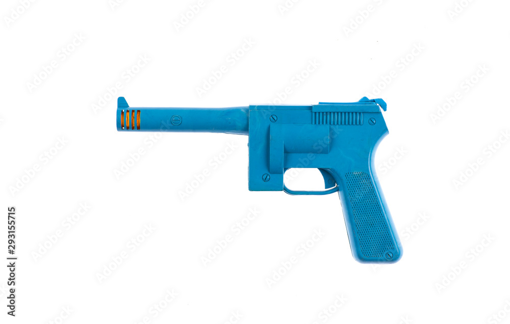 children blue plastic pistol isolated on white background children blue plastic pistol isolated on white background