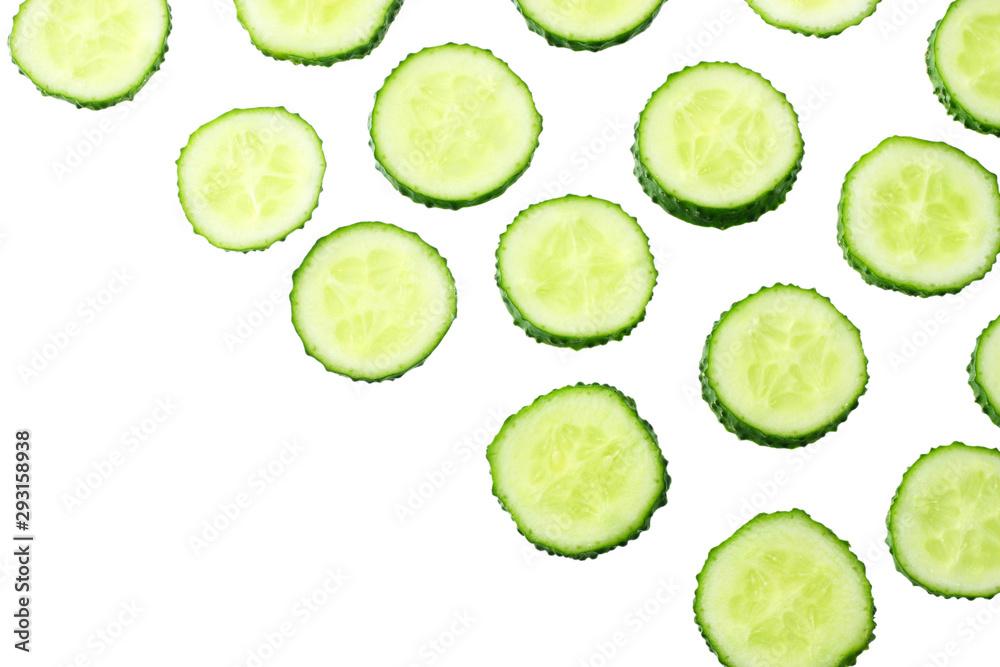 fresh cucumber slices isolated on white background. top view