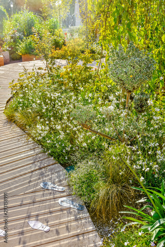 beautiful terrace and wooden driveway in the blooming garden