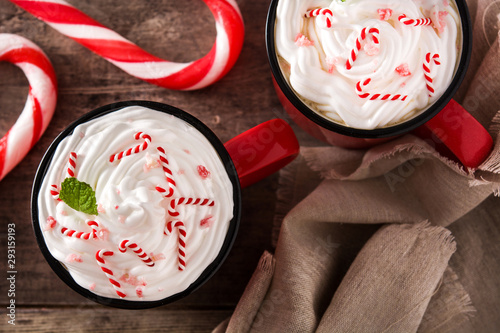 Vászonkép Peppermint coffee mocha for Christmas on wooden table. Top view