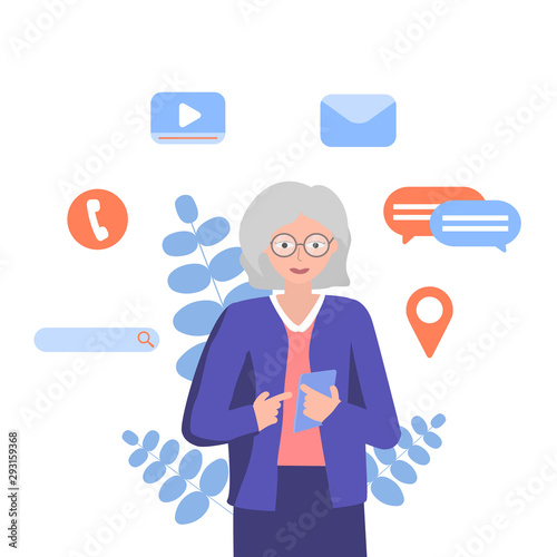 Middle age woman using smartphone in good level. Active social network user in senior citizen, elderly age. Vector concepts illustration.