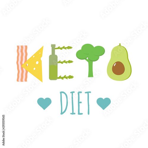 Keto diet. Text, lettering design with food elements. Vector illustrationt.