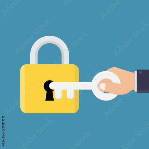 Unlocked, businessman's hands hold key with blue background, flat design vector illustration