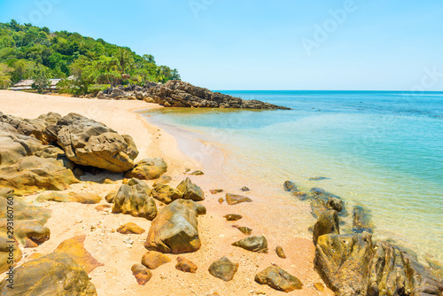 Natural landscape of sea and tropical island with rocks on beach