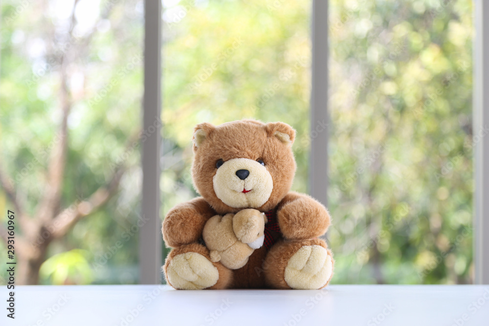 A cute teddy bear with mini bead doll on white table. A cute teddy bear with mini bead doll on white table.