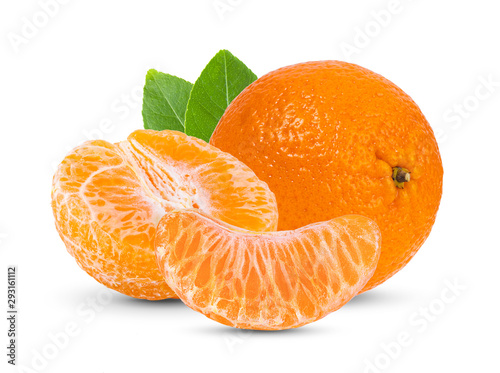 Vászonkép Mandarin, tangerine citrus fruit with leaf isolated on white background