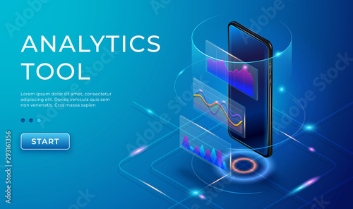 Infographic with isometric 3d phone. Marketing diagrams and charts on smartphone. Monitoring analysis, visualization data