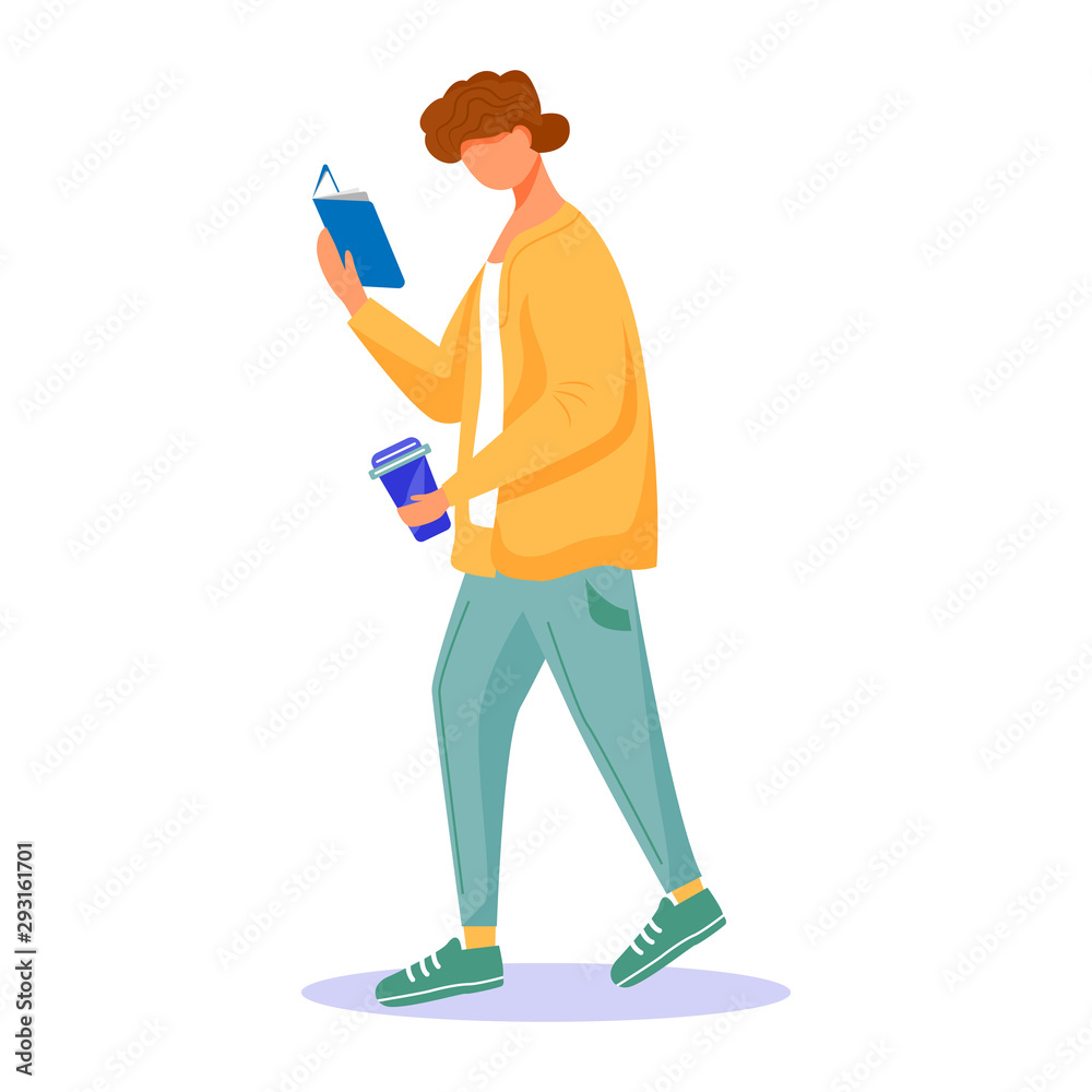 Man with book, coffee flat vector illustration. Guy reading on the go interesting novel. Student walking, learning textbook, holding plastic glass isolated cartoon character on white background Man with book, coffee flat vector illustration. Guy reading on the go interesting novel. Student walking, learning textbook, holding plastic glass isolated cartoon character on white background