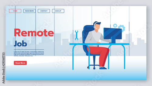 Remote job landing page vector template. Freelance, outsourcing website interface idea with flat illustrations. Distance work homepage layout. Technical support web banner, webpage cartoon concept