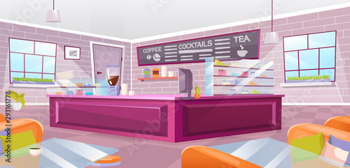 Cafe interior flat vector illustration. Empty cafeteria with pink counter, glass tables and cozy armchairs. Modern urban coffee shop furnishing. Cartoon spacious pub with vintage brick wall