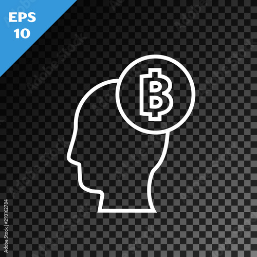 White line Bitcoin think icon isolated on transparent dark background. Cryptocurrency head. Blockchain technology, digital money market, cryptocoin wallet. Vector Illustration