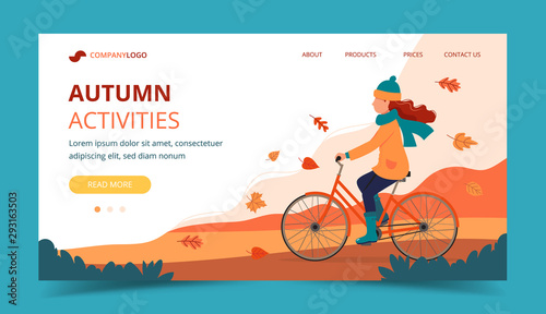 Girl riding bike in the park in autumn. Landing page template. Cute vector illustration in flat style.