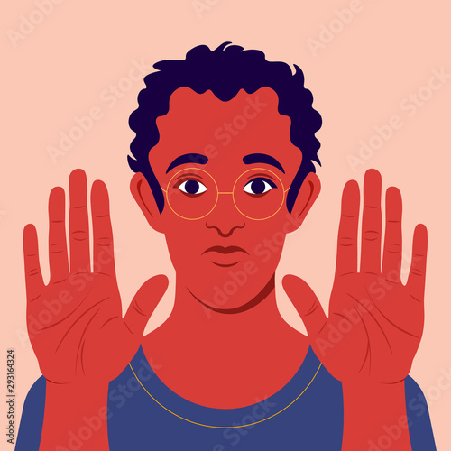 Man with open palms forward. The guy is against. Gesture of stop. Negation. Give up. Renouncement. Vector flat illustration