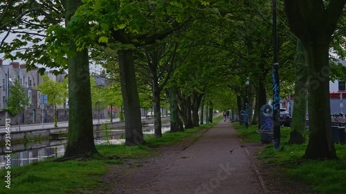 Slow motion of tranquil walkway covered by green trees in Dublin city photo