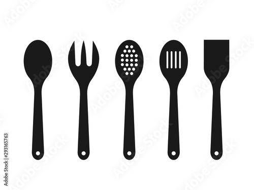 Black wooden spoons on white background. Silhouettes of mixing spoon  spatula  fork  strainer. Cooking tools icons. Kitchen utensils made of wood. Kitchen equipment set. Vector illustration  flat. 