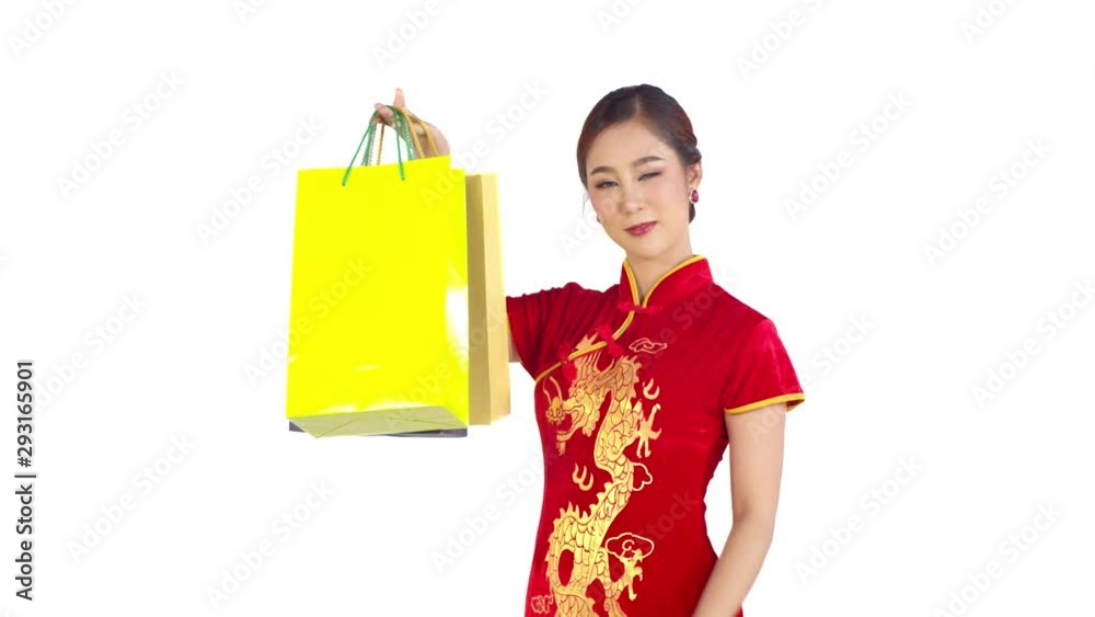 Young beautiful Chinese woman holding shopping bag in hand Young beautiful Chinese woman holding shopping bag in hand