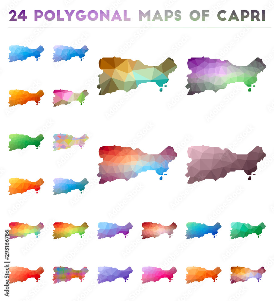 Set of vector polygonal maps of Capri. Bright gradient map of island in low poly style. Multicolored Capri map in geometric style for your infographics.
