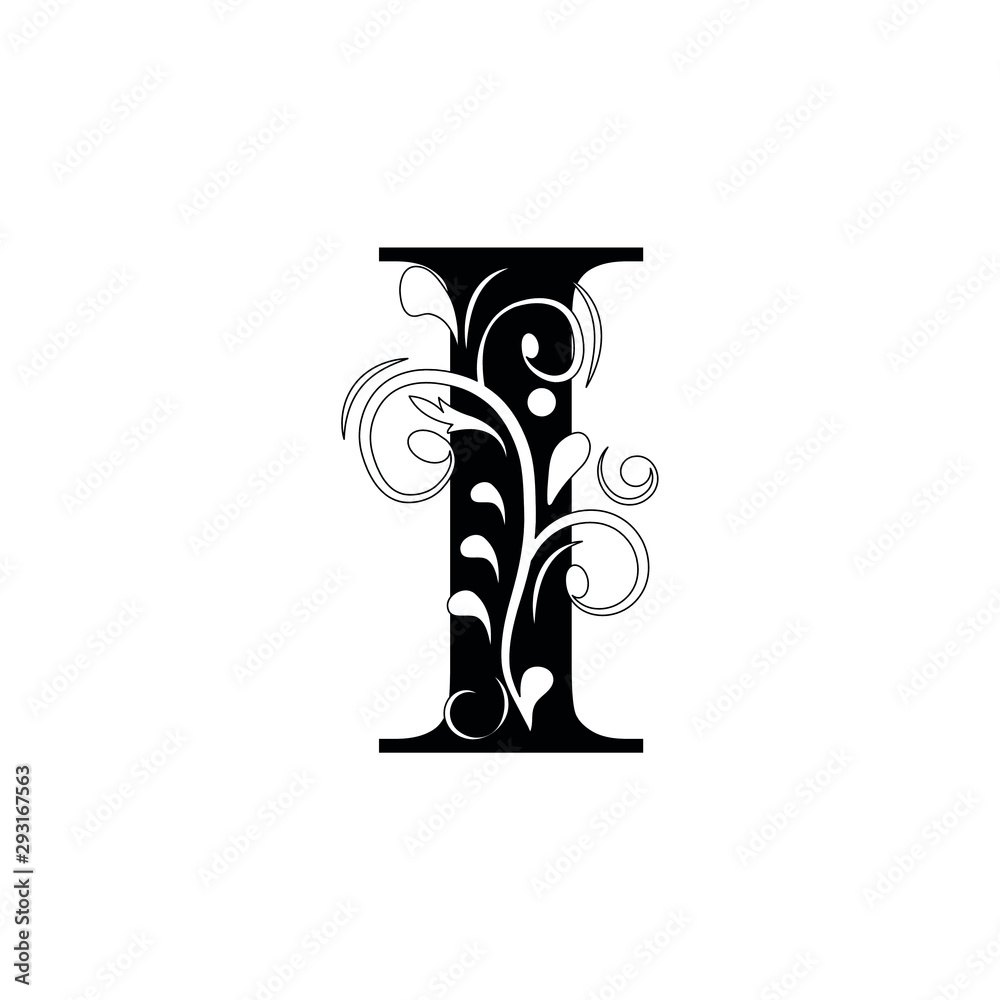 letter I. Black flower alphabet. Beautiful capital letters. Stock ...