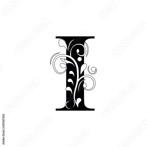 letter I. Black flower alphabet. Beautiful capital letters.