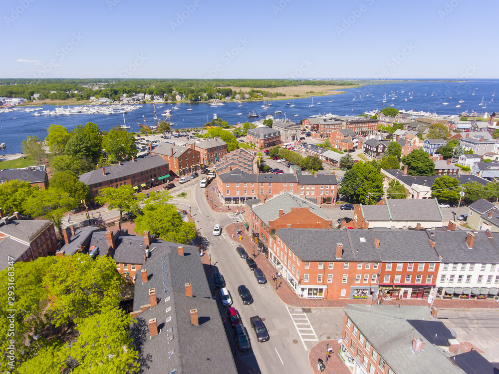 Newburyport historic downtown including State Street and Market Square with Merrimack River at the background aerial view, Newburyport, Massachusetts, MA, USA.