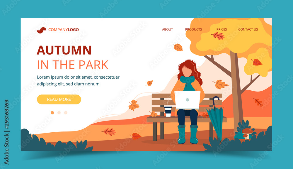 Girl with laptop sitting on bench in autumn. Landing page template. Cute vector illustration in flat style. Girl with laptop sitting on bench in autumn. Landing page template. Cute vector illustration in flat style.