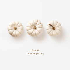 minimalist autumn / fall concept or greeting / invitation card for thanksgiving with three white pumpkins in a row - top view / flat lay 