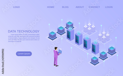 Datacenter server room cloud storage technology and big data processing Protecting data security concept. digital information. isometric. cartoon vector