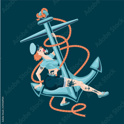 Pin-up sailor girl with boat anchor. Sexy woman retro style. Vintage cartoon illustration on isolated background.