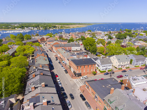 Newburyport historic downtown including State Street and Market Square with Merrimack River at the background aerial view, Newburyport, Massachusetts, MA, USA.